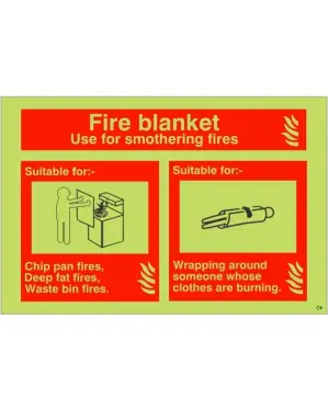 Click Here To Enlarge This Photo Of Photoluminescent &lpar;Glow in the Dark&rpar; Self Adhesive &lpar;Class C&rpar; Fire Blanket Fire Sign - 150mm x 100mm