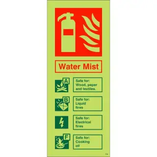 Photoluminescent &lpar;Glow in the Dark&rpar; Self Adhesive &lpar;Class C&rpar; Water Mist Sign - 75mm x 200mm