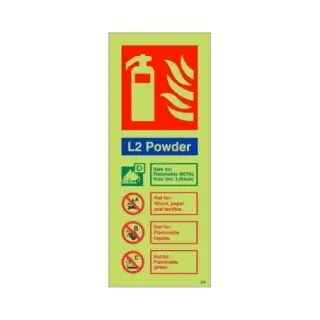 Photoluminescent &lpar;Glow in the Dark&rpar; Rigid Plastic &lpar;Class C&rpar; L2 Powder Fire Extinguisher ID Sign - 75mm x 200mm