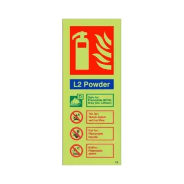 Click Here To Enlarge This Photo Of Photoluminescent &lpar;Glow in the Dark&rpar; Self Adhesive &lpar;Class C&rpar; L2 Powder Fire Extinguisher ID Sign - 75mm x 200mm