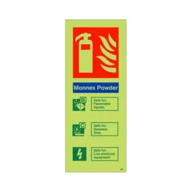 Click Here To Enlarge This Photo Of Photoluminescent &lpar;Glow in the Dark&rpar; Rigid Plastic &lpar;Class C&rpar; Monnex Powder Fire Extinguisher ID Sign - 75mm x 200mm