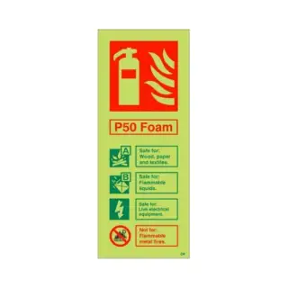 Photoluminescent &lpar;Glow in the Dark&rpar; Self Adhesive &lpar;Class C&rpar; P50 Foam Fire Extinguisher ID Sign - 75mm x 200mm