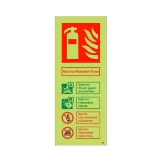 Photoluminescent &lpar;Glow in the Dark&rpar; Self Adhesive &lpar;Class C&rpar; Alcohol Resistant Foam Fire Extinguisher ID Sign - 75mm x 200mm