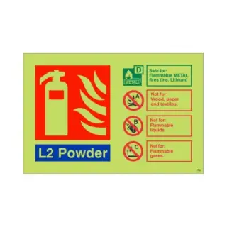 Photoluminescent &lpar;Glow in the Dark&rpar; Self Adhesive &lpar;Class C&rpar; L2 Powder Fire Extinguisher ID Sign - 150mm x 100mm