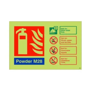 Photoluminescent &lpar;Glow in the Dark&rpar; Rigid Plastic &lpar;Class C&rpar; Powder M28 Fire Extinguisher ID Sign - 150mm x 100mm