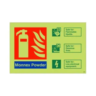 Photoluminescent &lpar;Glow in the Dark&rpar; Rigid Plastic &lpar;Class C&rpar; Monnex Powder Fire Extinguisher ID Sign - 150mm x 100mm