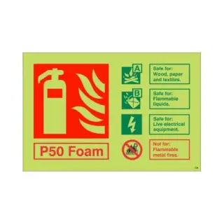 Photoluminescent &lpar;Glow in the Dark&rpar; Rigid Plastic &lpar;Class C&rpar; P50 Foam Fire Extinguisher ID Sign - 150mm x 100mm