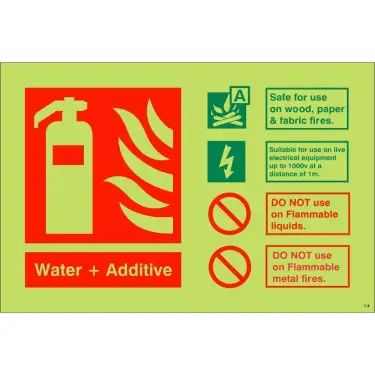 Click Here To Enlarge This Photo Of Photoluminescent &lpar;Glow in the Dark&rpar; Self Adhesive &lpar;Class C&rpar; Water &plus; Additive Fire Extinguisher Sign - 150mm x 100mm
