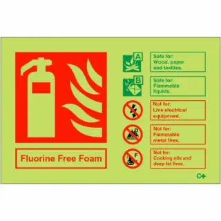 Photoluminescent &lpar;Glow in the Dark&rpar; Rigid Plastic &lpar;Class C&rpar; Fluorine Free Foam Fire Extinguisher ID Sign - 150mm x 100mm