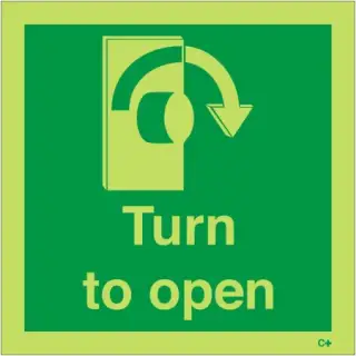 Photoluminescent &lpar;Glow in the Dark&rpar; Self Adhesive &lpar;Class C&rpar; Turn To Open Arrow Right Sign - 100mm x 100mm
