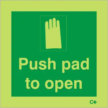 Click Here To Enlarge This Photo Of Photoluminescent &lpar;Glow in the Dark&rpar; Self Adhesive &lpar;Class C&rpar; Push Pad To Open Sign - 100mm x 100mm