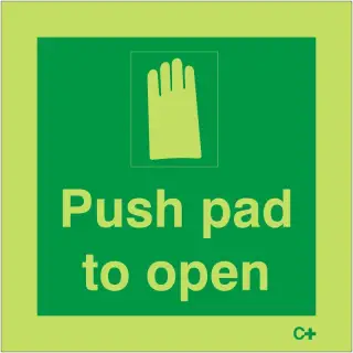Photoluminescent &lpar;Glow in the Dark&rpar; Rigid Plastic &lpar;Class C&rpar; Push Pad To Open Sign - 100mm x 100mm