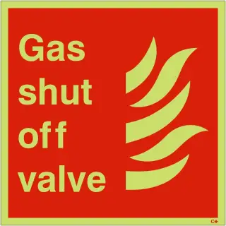 Photoluminescent &lpar;Glow in the Dark&rpar; Rigid Plastic &lpar;Class C&rpar; Gas Shut Off Valve Sign - 100mm x 100mm