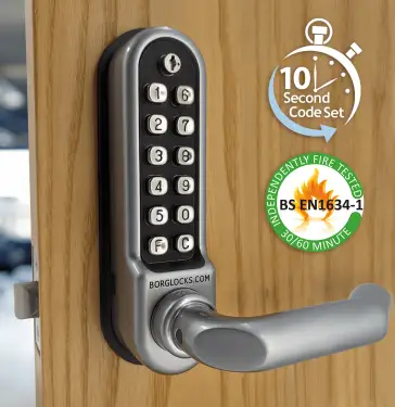 Click Here To Enlarge This Photo Of BORG Locks BL5001 ECP FT SC FIRE RATED Medium&sol;Heavy Duty Round Bar Digital Lock with Free Passage Mode & Easicode Pro Coding Chamber &lpar;60mm Latch&rpar; - Satin Chrome