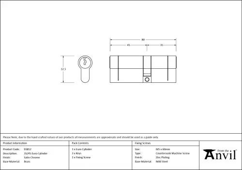 Click Here To Enlarge This Photo Of 91852 From The Anvil Satin Chrome 35&sol;45 Euro Profile Double Cylinder