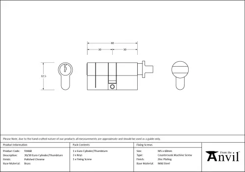 Click Here To Enlarge This Photo Of 91868 From The Anvil Polished Chrome 30&sol;30 Euro Profile Cylinder & Turn