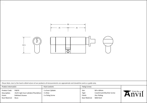 Click Here To Enlarge This Photo Of 91870 From The Anvil Polished Chrome 35&sol;35 Euro Profile Cylinder & Turn