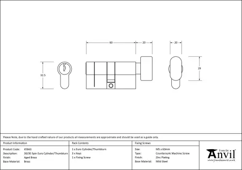 Click Here To Enlarge This Photo Of 45843 From The Anvil Aged Brass 30&sol;30 5pin Euro Profile Cylinder & Turn
