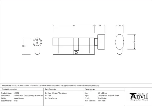 Click Here To Enlarge This Photo Of 45852 From The Anvil Aged Bronze 35T&sol;45 5pin Euro Profile Cylinder & Turn