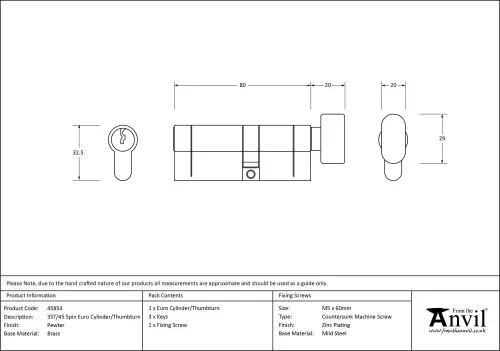 Click Here To Enlarge This Photo Of 45854 From The Anvil Pewter 35T&sol;45 5pin Euro Profile Cylinder & Turn