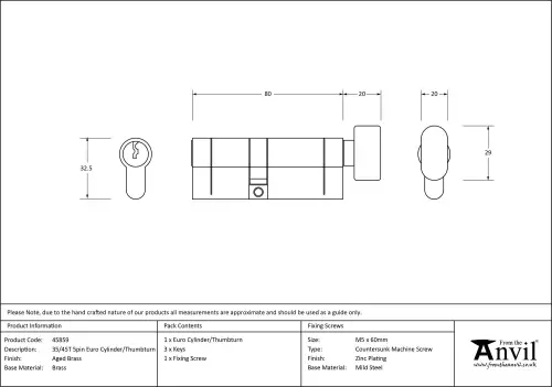 Click Here To Enlarge This Photo Of 45859 From The Anvil Aged Brass 35&sol;45T 5pin Euro Profile Cylinder & Turn