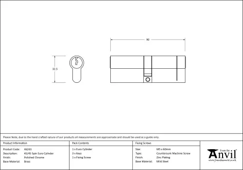 Click Here To Enlarge This Photo Of 46243 From The Anvil Polished Chrome 45&sol;45 5pin Euro Profile Double Cylinder