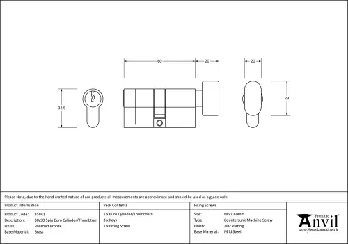 Click Here To Enlarge This Photo Of 45841 From The Anvil Polished Bronze 30&sol;30 5pin Euro Profile Cylinder & Turn