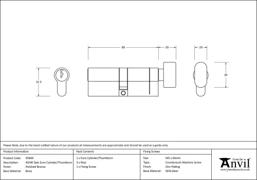 Click Here To Enlarge This Photo Of 45849 From The Anvil Polished Bronze 40&sol;40 5pin Euro Profile Cylinder & Turn