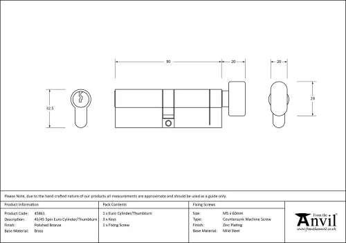 Click Here To Enlarge This Photo Of 45861 From The Anvil Polished Bronze 45&sol;45 5pin Euro Profile Cylinder & Turn