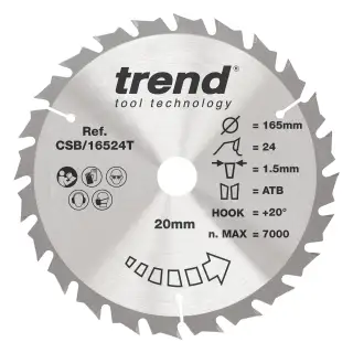 Trend CSB&sol;16524T Wood Cordless Circular Saw Blade 165mm x 20mm x 24T