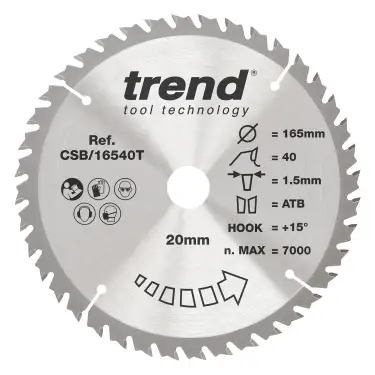 Click Here To Enlarge This Photo Of Trend CSB&sol;16540T Wood Cordless Circular Saw Blade 165mm x 20mm x 40T