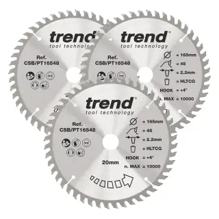 Trend CSB&sol;PT165&sol;3PK Laminate &sol; HPL Circular Saw Blade 165mm x 20mm x 48T &lpar;3 Pack&rpar;