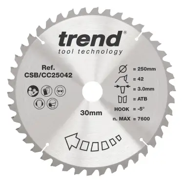 Click Here To Enlarge This Photo Of Trend CSB&sol;CC25042 Wood Mitre Saw Blade 250mm x 30mm x 42T