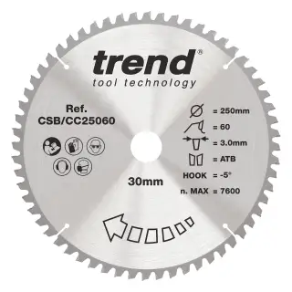 Trend CSB&sol;CC25060 Wood Mitre Saw Blade 250mm x 30mm x 60T