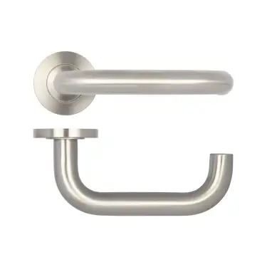 Click Here To Enlarge This Photo Of JSS13 Frelan Hardware Orbit 19mm Door Handles on 8mm Sprung Rose Grade 304 Satin Stainless Steel