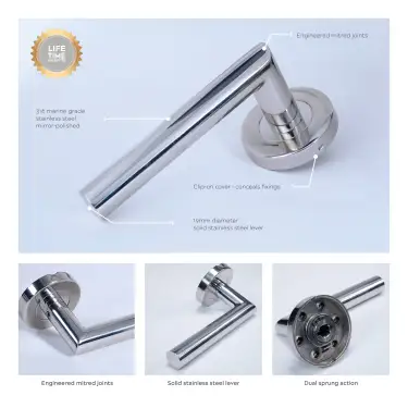 Click Here To Enlarge This Photo Of BLU Performance Mitre Lever Door Handle on Round Rose&comma; G316 Polished Stainless Steel &lpar;KM060C-PSS&rpar;