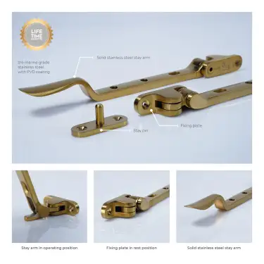 Click Here To Enlarge This Photo Of BLU Performance Regent 11" &lpar;280mm&rpar; Casement Window Stay&comma; 316 Stainless Steel in a PVD Satin Brass Finish &lpar;REG300-11-PSB&rpar;
