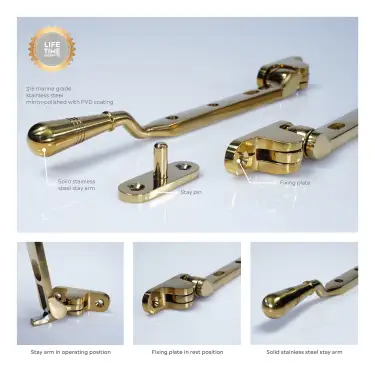Click Here To Enlarge This Photo Of BLU Performance 8" &lpar;203mm&rpar; Opera Casement Window Stay&comma; 316 Stainless Steel in a PVD Polished Brass Finish &lpar;TBH300-8-PPB&rpar;
