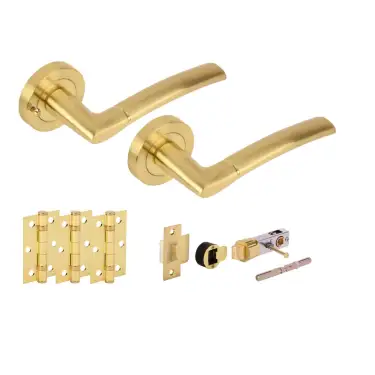 Click Here To Enlarge This Photo Of H2850SB - Hunta 'Nemo' Satin Brass Privacy Bullet Latch Doorpack with 3" Ball Bearing Hinges &lpar;57mm Backset&rpar;