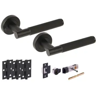 H2893BM - Hunta 'Evo' Knurled Matt Black Privacy Bullet Latch Doorpack with 3" Ball Bearing Hinges &lpar;57mm Backset&rpar;