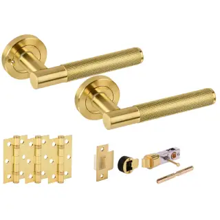 H2893SB - Hunta 'Evo' Knurled Satin Brass Privacy Bullet Latch Doorpack with 3" Ball Bearing Hinges &lpar;57mm Backset&rpar;