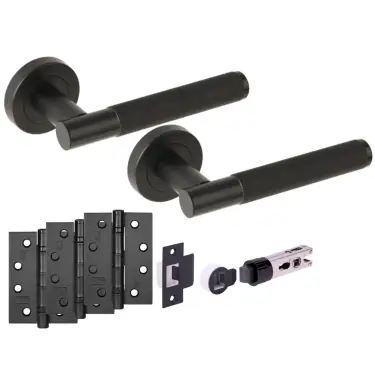Click Here To Enlarge This Photo Of H2894BM - Hunta 'Evo' Knurled Matt Black Passage Bullet Latch Doorpack with 4" Fire Door Ball Bearing Hinges &lpar;57mm Backset&rpar;