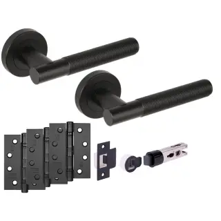 H2886BM - Hunta 'Halo' Matt Black Passage Bullet Latch Doorpack with 4" Fire Door Ball Bearing Hinges &lpar;57mm Backset&rpar;