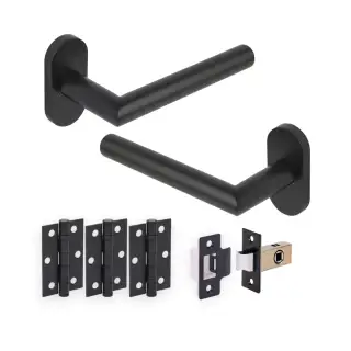 H2931BM - Hunta Matt Black Urban Essen Lever Door Handle Set for Narrow Stile Doors with 3" Ball Bearing Hinges &lpar;35mm Backset&rpar;