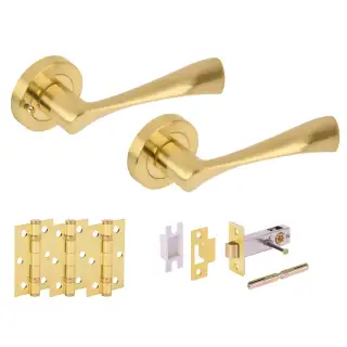 H2844SB - Hunta 'Zena' Satin Brass Privacy Premium Latch Doorpack with 3" Ball Bearing Hinges &lpar;57mm Backset&rpar;