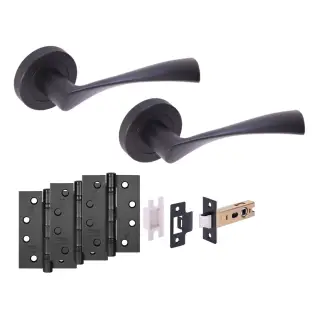 H6151BM - Hunta 'Zena' Matt Black Passage Premium Latch Doorpack with 4" Fire Door Ball Bearing Hinges &lpar;57mm Backset&rpar;
