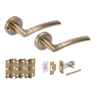 H2848ABR - Hunta 'Nemo' Antique Brass Privacy Premium Latch Doorpack with 3" Ball Bearing Hinges &lpar;57mm Backset&rpar;