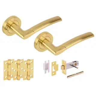 H2848SB - Hunta 'Nemo' Satin Brass Privacy Premium Latch Doorpack with 3" Ball Bearing Hinges &lpar;57mm Backset&rpar;
