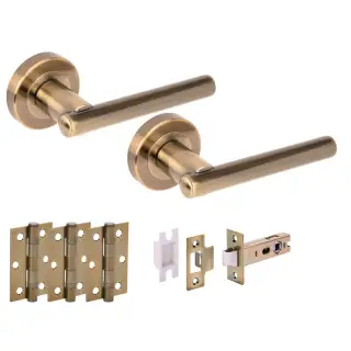 H6101ABR - Hunta 'Solus' Antique Brass Passage Premium Latch Doorpack with 3" Ball Bearing Hinges &lpar;57mm Backset&rpar;