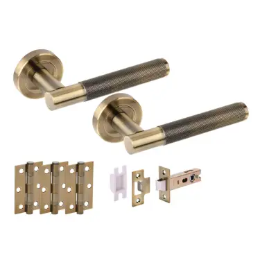 Click Here To Enlarge This Photo Of H2875ABR - Hunta 'Evo' Antique Brass Passage Premium Latch Doorpack with 3" Ball Bearing Hinges &lpar;57mm Backset&rpar;